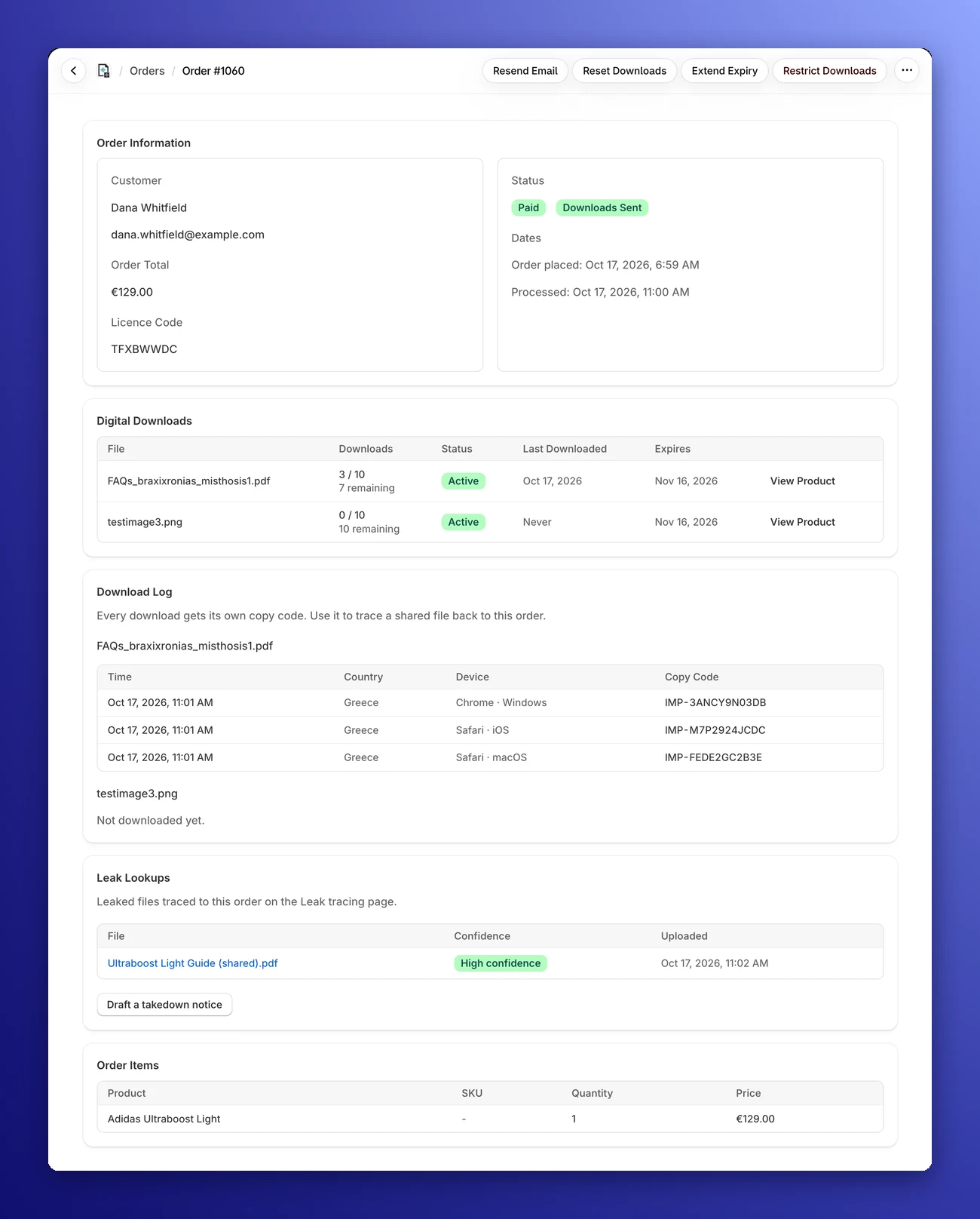 Order page with the Licence Code and the Download Log