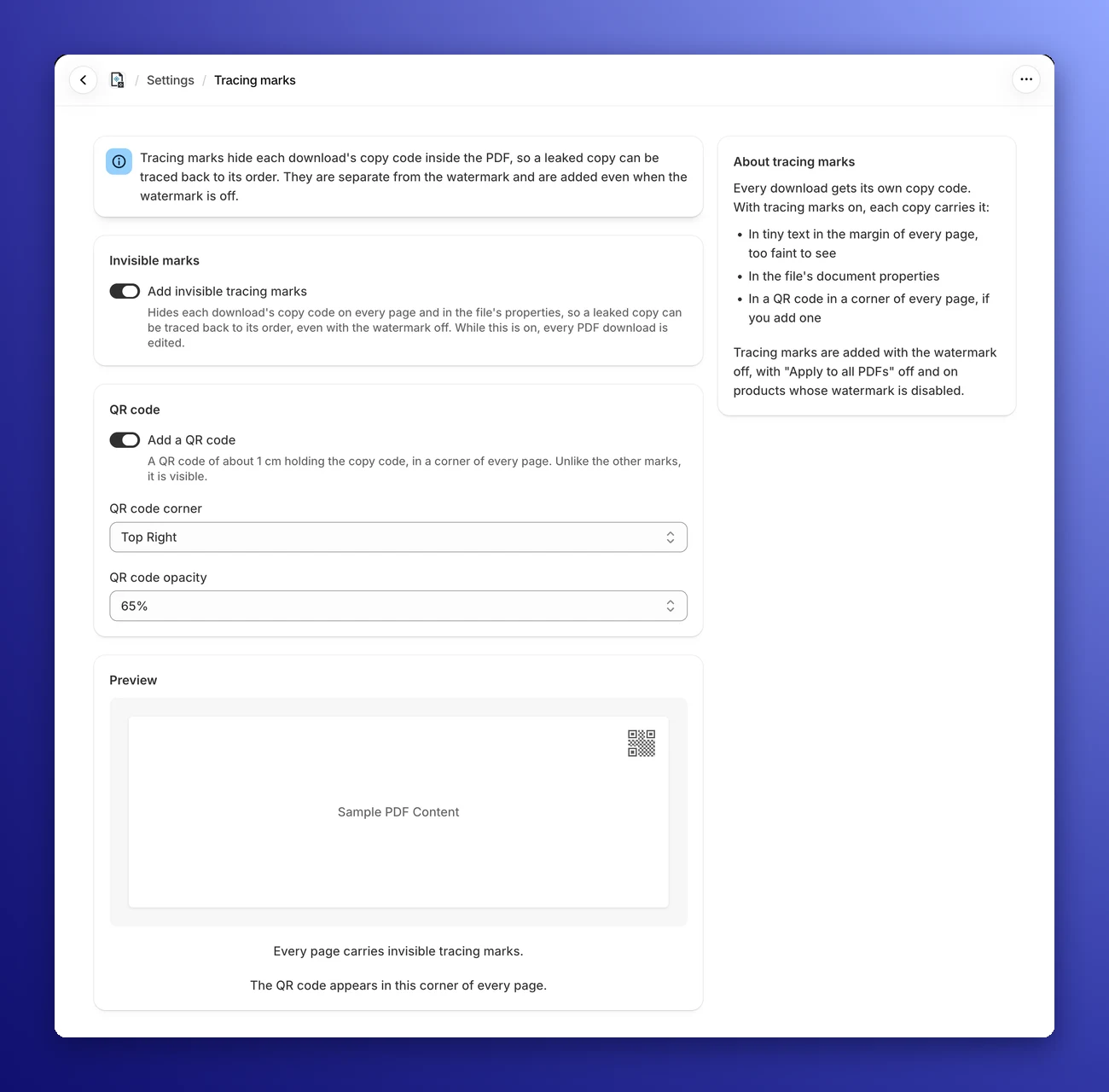 Tracing Marks settings